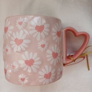Pink Heart Daisy Flowers Heart Handle Tea Coffee Mug 23oz Happy Valentines Day!